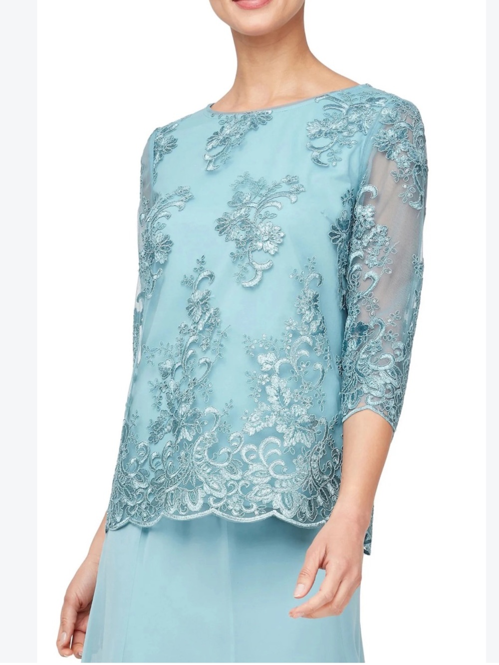 Alex Evenings Blouse Top XL Scalloped Hem 3/4 Sleeve Embroidered Wedding Party